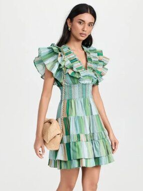 Chufy Green/Blue Striped Ruffle Smocked-Waist Mini Dress